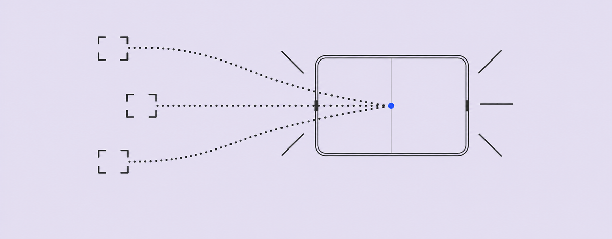 多个观察角度汇向 iPhone Duo 的抽象线稿