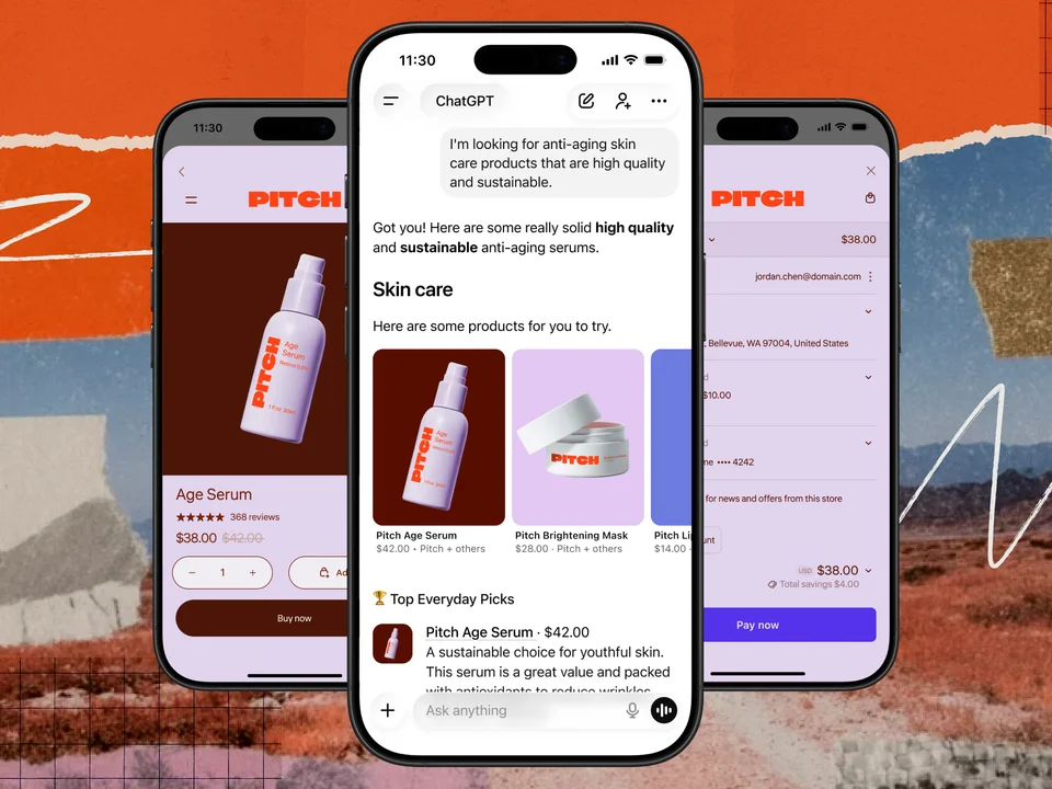 Shopify 官方配图并列展示品牌商品页、ChatGPT 商品推荐和品牌结账页