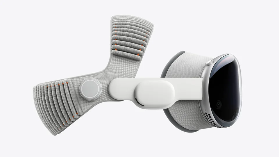 Apple Vision Pro 的双圈编织头带,从顶部和脑后支撑设备。