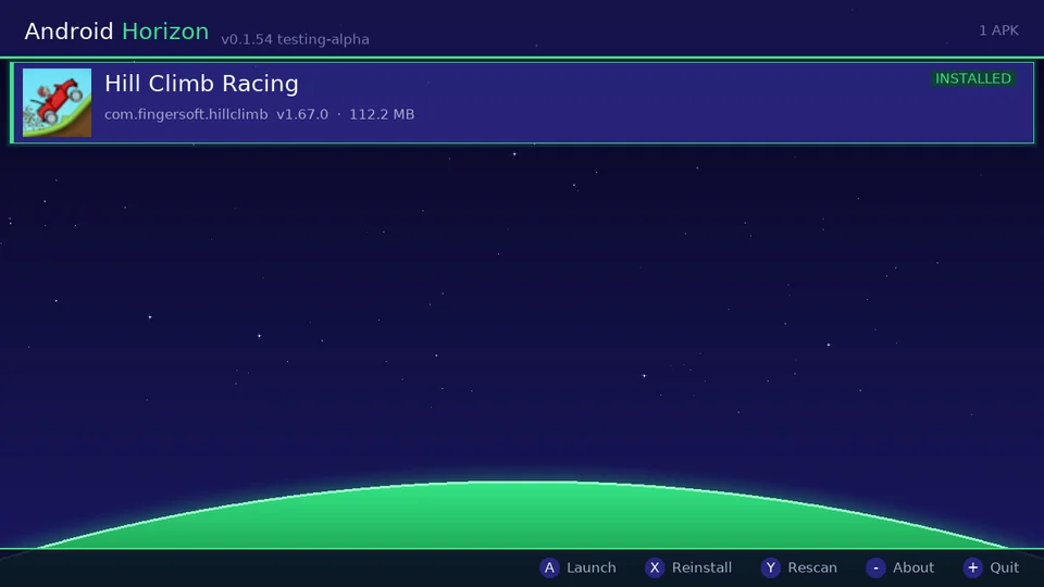 Viridite 在 Switch 上的启动界面,列表中显示已安装的登山赛车