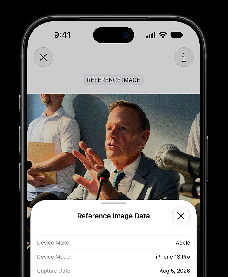iPhone 上显示参考图的数据面板,列出设备厂商 Apple、机型 iPhone 18 Pro 与拍摄日期