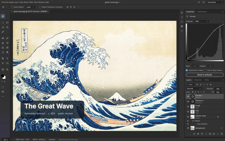 PhotoCraft 项目公开的应用截图,左侧是工具栏,右侧是曲线调整与图层面板,画布为葛饰北斋的神奈川冲浪里