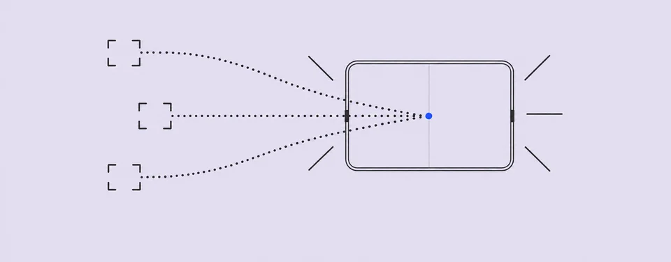 多个观察角度汇向 iPhone Duo 的抽象线稿