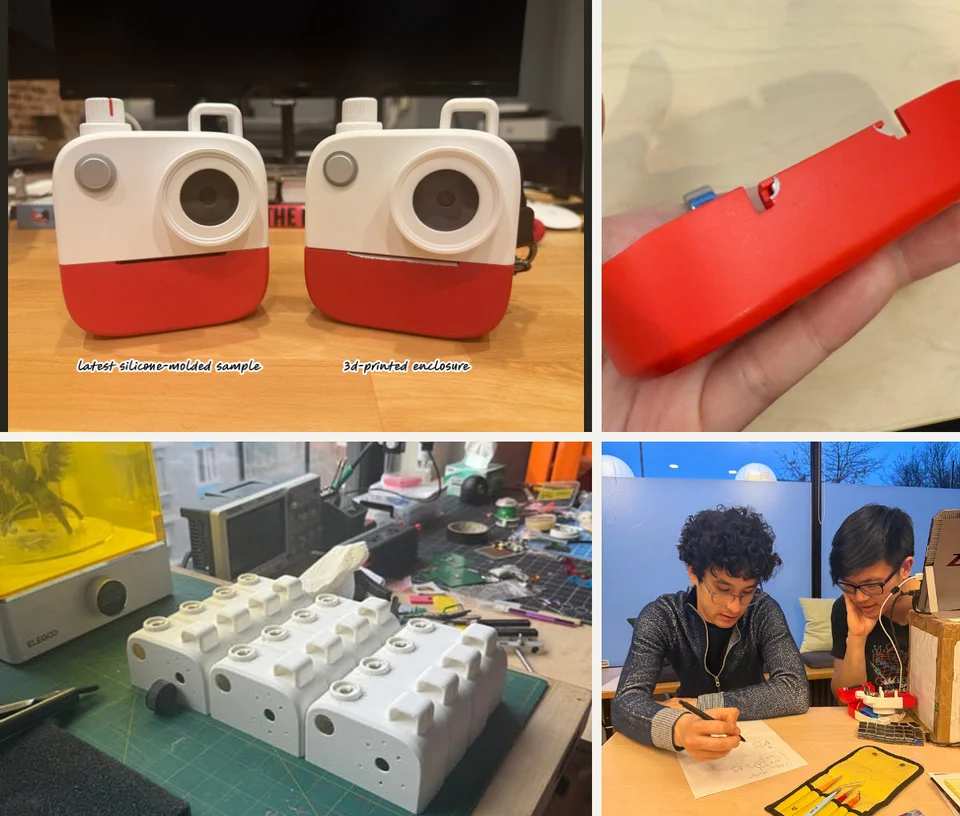 幕后照片组合,展示两种外壳样品、断裂舱门、制作台上的外壳以及团队讨论